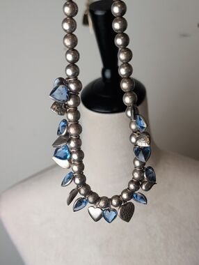 Vintage Artisan Heart Charm Necklace Sterling Accent Blue Faceted Glass